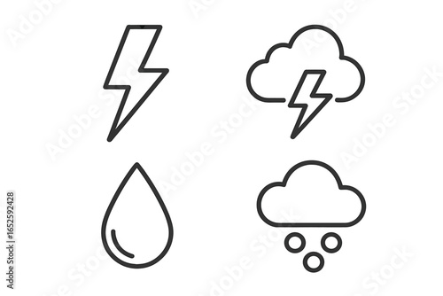 Weather and storm phenomena line icon set. Simple outline vector symbols of lightning bolt, thunder, storm cloud, rain, raindrop, hailstone for climate forecast.