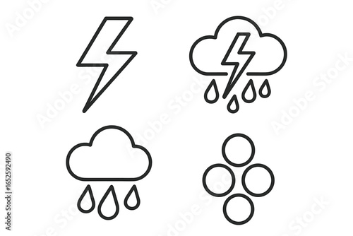 Weather forecast line icons. Storm phenomena vector set with thunder bolt, lightning strike, rain cloud, and hailstones. Minimalist meteorology symbols illustration.