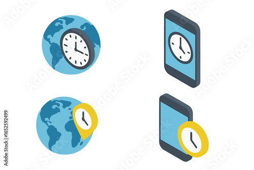 Isometric time zone icon set for global business. Vector collection of world clock, earth, smartphone and local time location pin. International coordination and scheduling.