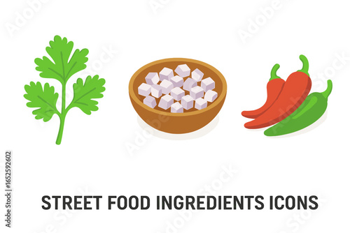 Isometric street food ingredients icon set. Fresh cilantro, chopped onion, red and green chili peppers. Vector illustration for cooking, Mexican cuisine, spicy condiment.