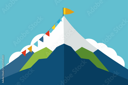 foggy peak with prayer flags fluttering 