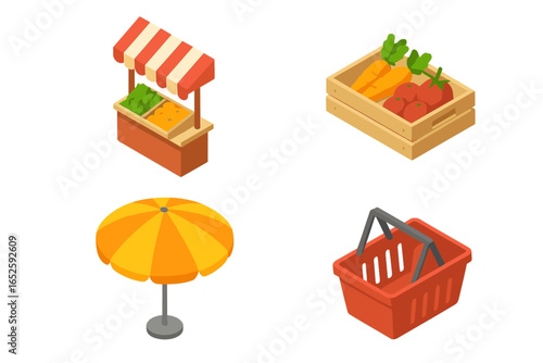Isometric street market vector icon set. Vendor stall, produce crate with carrots and tomatoes, shopping basket, and canopy umbrella for local farmer's market design.