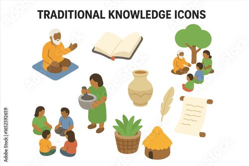Isometric icon set of traditional knowledge and community education. Elder storyteller teaching children. Indigenous cultural heritage, wisdom, and history vector elements.