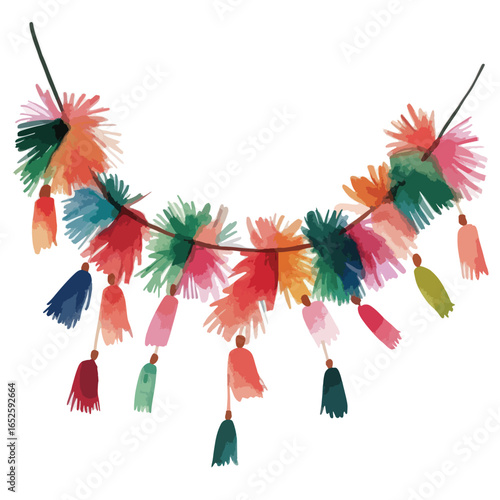 Festive Watercolor Garland with Colorful Tassels and Pompoms Decoration