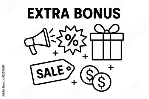 Extra bonus offer vector illustration. Special shop proposition concept with megaphone. Super sale campaign announcement. Loudspeaker banner with gift, percent, money icons.