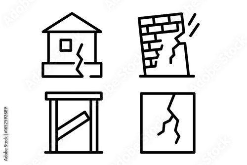 Structural damage icon set. Building inspection and assessment symbols. Cracked foundation, collapsing wall, broken beam. House ruin from earthquake or disaster vector.