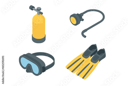 Isometric cave diving gear icon set. Scuba diving equipment vector illustration. Collection of flat icons: oxygen tank, regulator, dive mask, and fins for underwater swimming.