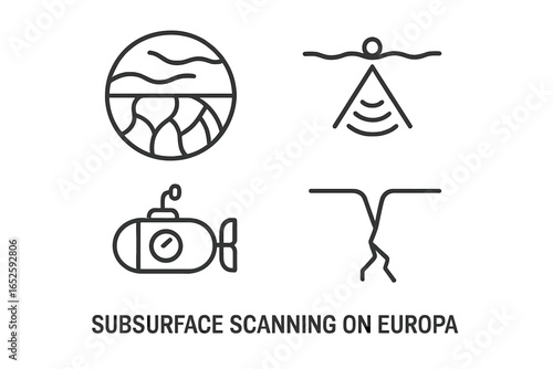 Europa mission outline icon set for subsurface scanning of Jupiter's moon. Vector collection of space exploration concepts like submersible, sonar, ice shell, and crack. Astrobiology science.