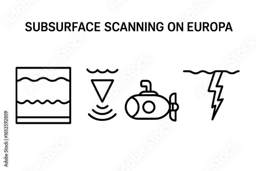 Subsurface scanning on Europa outline icon set. Sonar beam, submersible exploration, and ice layer crack icons. Vector graphic for space science and astronomy projects.