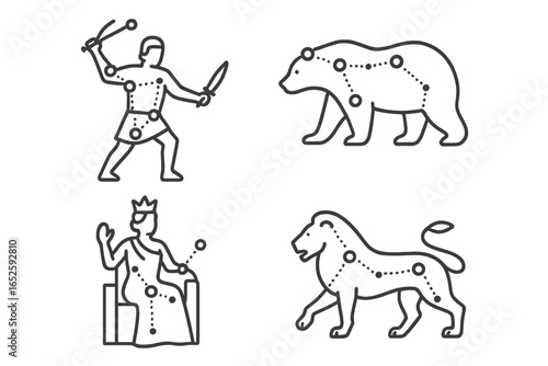 Constellation line icons collection. Orion the hunter, Ursa Major bear, Cassiopeia queen, Leo lion. Celestial star map signs. Astronomy and astrology symbols vector set.