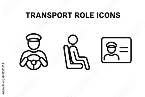 Transport Role Icons Outline Vector Set of Driver with Steering Wheel, Seated Passenger, and Driver Profile Badge, Minimalist Line Art on Transparent Background