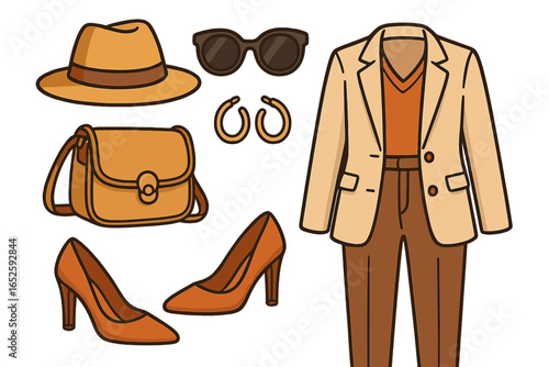 Women's fashion outfit set. Classic clothing and accessories collection. Business casual look with jacket, trousers, bag, hat, and shoes. Stylish autumn apparel concept flat lay.