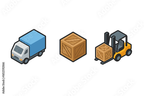 Isometric Transportation Icon Set with Delivery Truck, Wooden Crate, and Forklift Vector Illustration for Logistics and Supply Chain