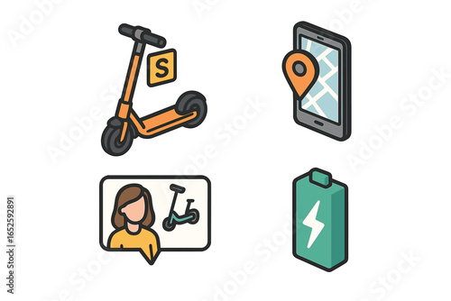 Isometric flat icon set of shared electric scooter, mobile app map pin location, user review, and battery charge symbol representing transportation mobility startup concepts