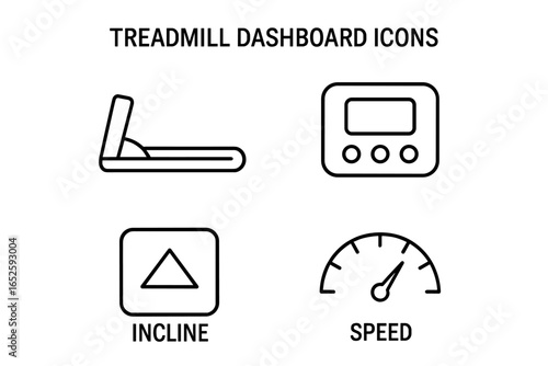 Treadmill Dashboard Outline Icons Set with Workout Belt, Digital Display Panel, Incline Button, and Speed Meter Vector Illustration for Fitness and Gym Equipment Interface