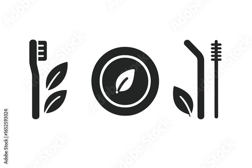 Eco-friendly solid icon set. Zero waste lifestyle concept. Sustainable products. Bamboo toothbrush, biodegradable plate, reusable metal straw with cleaner brush. Vector glyph.