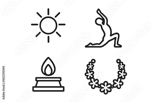 Sun Salutation icon set. Surya Namaskar yoga pose line art. Solar worship symbols. Health and wellness vector icons. Hindu ritual with fire altar and flower garland.