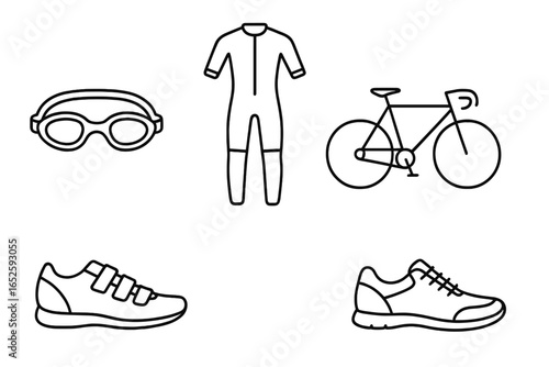 Triathlon Gear Icons Set with Swim Goggles, Wetsuit, Road Bike, Cycling Shoes, and Running Shoes - Outline Vector Illustration for Triathlon Preparation and Training