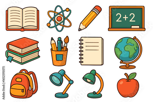 Education icons set. Back to school cartoon collection. Learning and study symbols. School supplies, student tools, book, globe, pencil, backpack vector illustration pack.