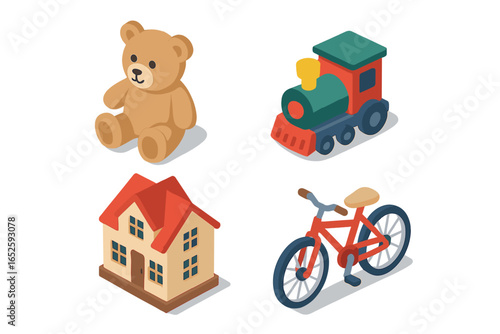 Christmas gift toys icon set. Isometric vector illustration. Teddy bear, toy train, dollhouse, bicycle. Kids childhood presents. Holiday wishlist planning. Flat design.