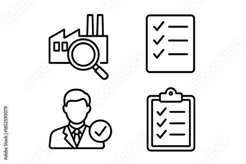 Supplier audit outline icon set for business. Factory inspection, quality control, and compliance monitoring symbols. Vector concepts for vendor assessment and verification.