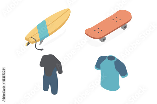 Surf and skate isometric icon set. Summer sports and beach culture elements. Vector collection with surfboard, skateboard, wetsuit, and rash guard for web and mobile design.