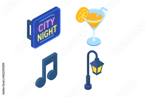 City nightlife isometric icon set. Vector illustration of urban entertainment symbols: neon sign, cocktail drink, music note, and street lamp for party or bar theme.