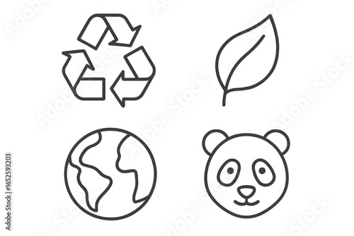 Ecology outline icon set. Environmental symbols for sustainability. Recycling logo, green leaf, planet earth globe, endangered panda animal. Conservation vector illustration.