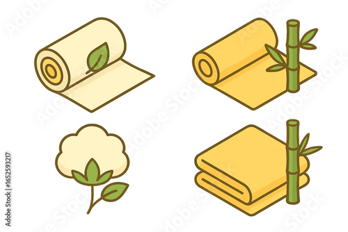 Sustainable fabric vector icon set. Isometric flat icons of eco-friendly textiles like organic cotton, bamboo, and rayon. Natural materials for ethical slow fashion concepts.