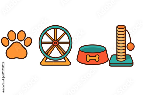 Pet shop icon set. Vector collection of pet care accessories for dog, cat, and hamster. Includes paw print, food bowl, scratching post, and running wheel. Animal supplies.