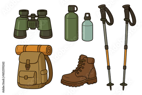 Hiking gear essentials for outdoor adventure. Vector set of travel equipment icons. Backpack, boot, trekking poles, binoculars, water bottle for camping & tourism.