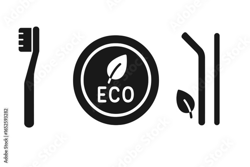 Eco friendly icon set for a zero waste lifestyle. Bamboo toothbrush, reusable straw, biodegradable product sign. Sustainable living glyphs for ecology concept vector.