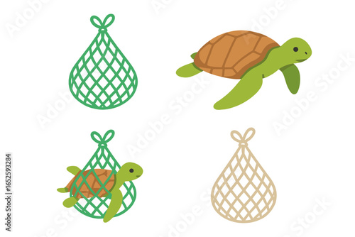Sea turtle caught in a plastic fishing net illustration. Sustainable and biodegradable gear alternatives icon set. Marine animal entanglement, ocean pollution and conservation concept.