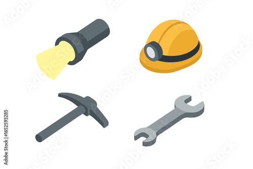 Isometric Underground Maintenance Icons Set with Flashlight Beam, Hardhat, Pickaxe, and Wrench. Vector Illustration of Safety and Repair Tools on Transparent Background