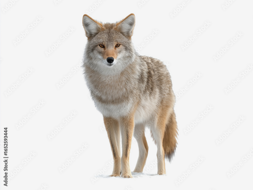 Fototapeta premium Coyote standing on snow-covered ground, showcasing its thick fur coat and alert expression, surrounded by a serene winter landscape, embodying the essence of wildlife