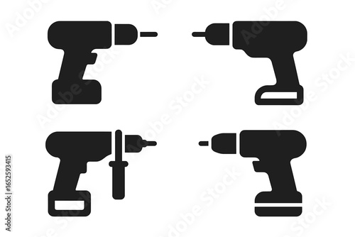 Electric drill solid glyph icon set. Collection of black silhouette power tools. Includes cordless screwdriver, battery drill, and hammer drill for repair and construction.