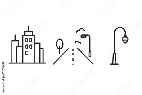 Urban solitude icons, outline vector set of city skyline with one lit window, empty street, lone streetlamp, birds flying, tree and modern streetlight on transparent background