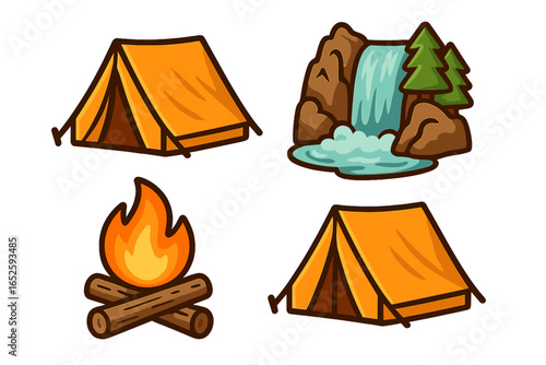 Vector cartoon camping icon set. Tent, campfire, waterfall, forest symbols for outdoor adventure and travel. Playful nature hike illustration elements isolated background.