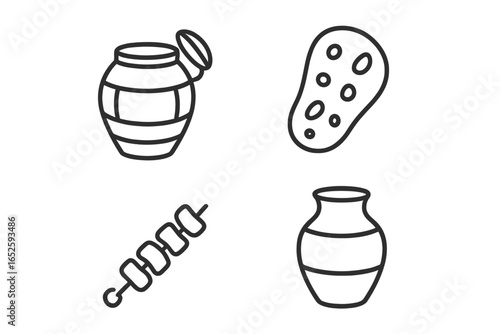 Indian food icon collection. Tandoori cooking line art set with tandoor oven, naan bread, shish kebab skewer, and clay pot. Asian cuisine vector symbols for menu design.