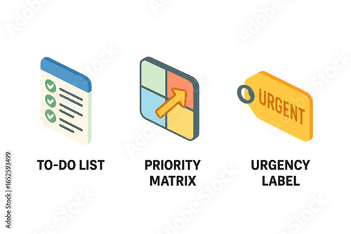 Task prioritization methods icon set. Isometric icons of to-do list, priority matrix, and urgency label for project management and productivity. Flat vector illustration.