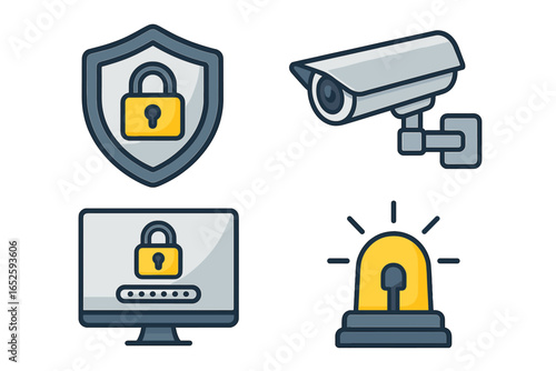 Security vector icon set. Surveillance system, cybersecurity concepts. Shield with padlock, CCTV camera, computer password, alarm siren symbols. Digital data protection.