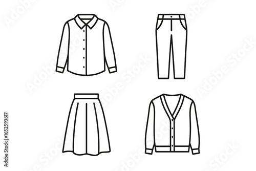 Capsule wardrobe line icons. Minimalist fashion concept. Basic clothes set: shirt, pants, skirt, cardigan. Sustainable, slow fashion outline vector symbols for personal style.