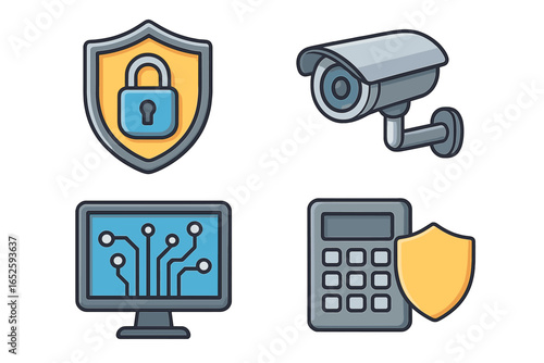Security and surveillance systems icon set. Modern vector graphics for cybersecurity, data protection, and privacy. Flat cartoon style shield, lock, CCTV camera, keypad.