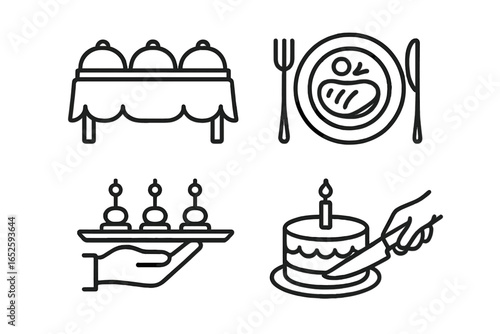 Catering service outline icon set. Buffet table with food warmers, steak dinner plate, waiter serving appetizers, and cutting birthday cake. Line symbols for banquet and party.