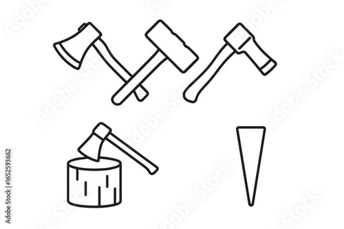 Woodcutting tools icon set. Line art collection of lumberjack equipment for chopping firewood. Vector illustration includes axe, maul, sledgehammer, wedge, and log stump.