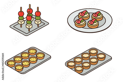 Set of catering food icons. Isometric vector illustration of appetizers, canapés, skewers, and tarts on trays for parties and events. Buffet finger food concept design.