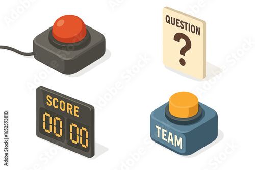 Trivia game night icon set. Isometric illustrations of quiz show elements. Vector icons include team buzzer, question card, digital scoreboard, and answer button for a fun contest.