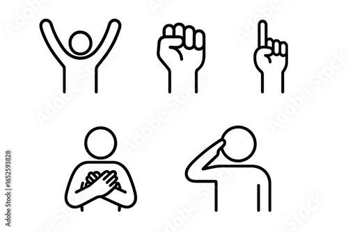 Victory Gesture Icons Set Including Raised Arms, Clenched Fist, Hands on Heart, Pointing Skywards, Salute Illustrations for Celebration and Respect