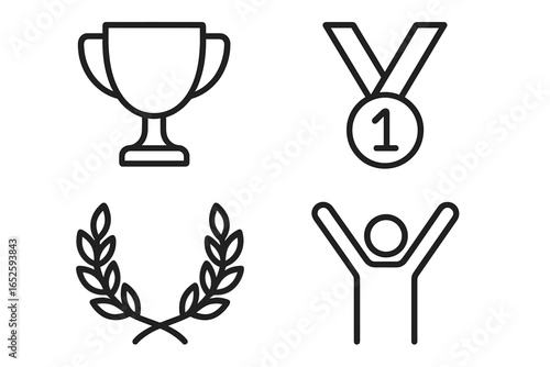 Victory icons set with outline style including trophy cup, first place medal with ribbon, laurel wreath, and celebrating player with raised arms, vector illustration on transparent background