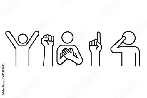 Victory gesture icons set with raised arms, clenched fist, hands on heart, pointing skywards, and salute gestures, outline style vector illustration on transparent background